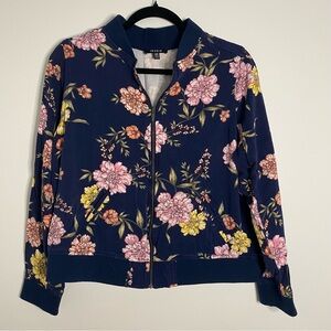 Torrid Women's 00 Twill Print Bomber Jacket Navy Floral Bird Print Ribbed Trim